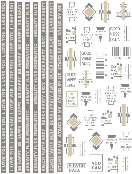 Nagelsticker - Aufkleber selbstklebend - Nail Sticker - gold schwarz Wörter Streifen